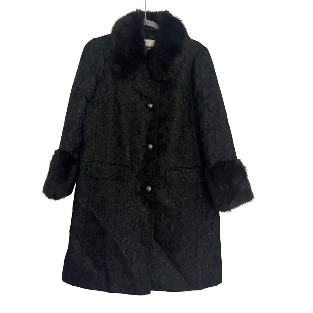 Kate Spade Faux Fur Trim Jacquard Coat Women 4 Black Floral Metallic Glam Chic